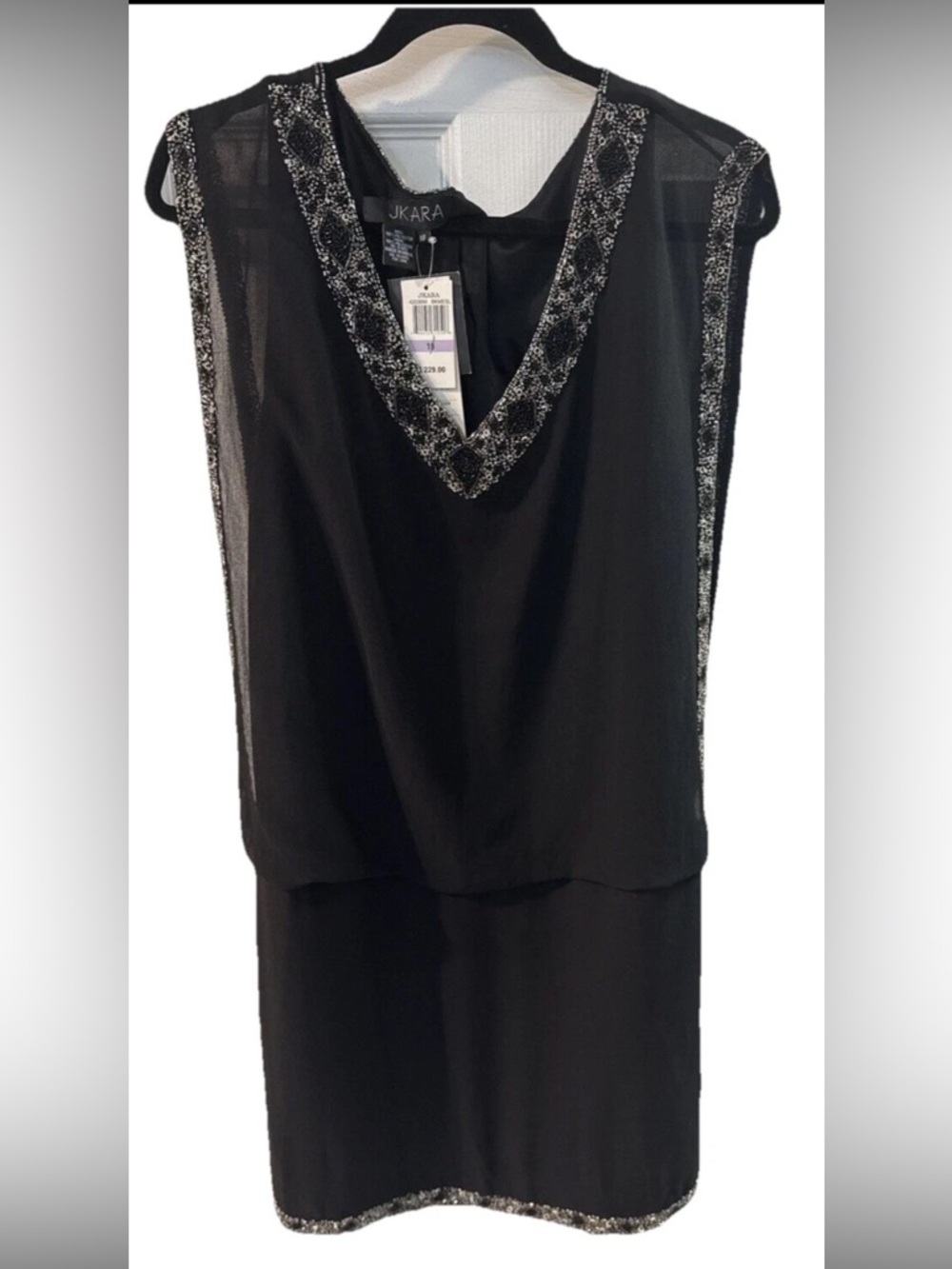 J Kara Black Beaded V-Neck Sleeveless Mini Dress NWT
